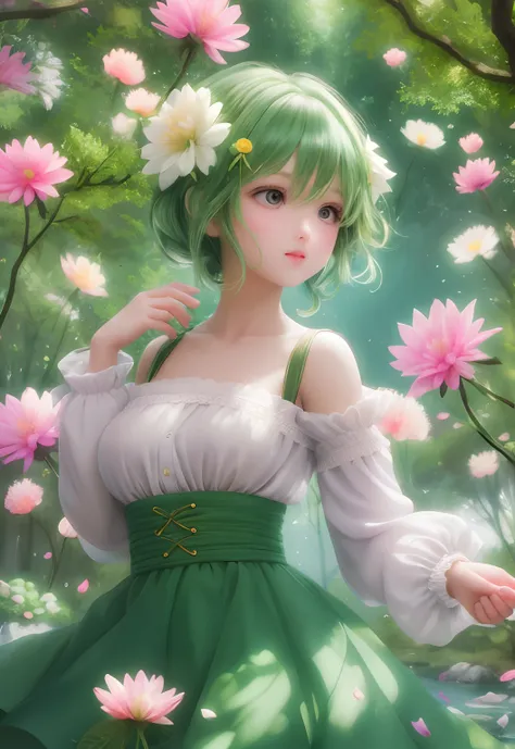 Girl in the forest with floating flowers, River, puffynipple, puffy cheeks, Cute,
Vibrant colors, Colorful art style, 
Soft lighting, Soft shadows, Detailed textures, Dynamic lighting,  
nice hand, Perfect hands,