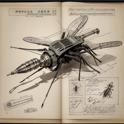 Sketch of a robot mosquito drawn on paper，old parchment，a pencil sketch，Stereoscopic light and shadow，Line identification，Exhaustive symbols，Mathematical formulas for annotations
(Detailed description and description, text, Exhaustive production drawings),...