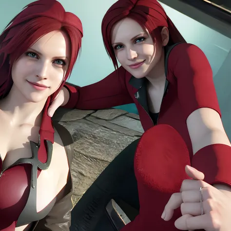 Claire redfield, beautiful face, red long hair, perfect Face, wearing redcoat , wearing hoody, black nail polish, Carefree expression, smile