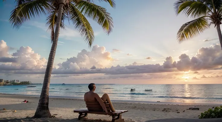 there is a man sitting on a bench under a palm tree, beach sunset background, tropical atmosphere, tropical background, palm trees on the beach, tropical beach paradise, which shows a beach at sunset, palm leaves on the beach, palm trees in the background,...