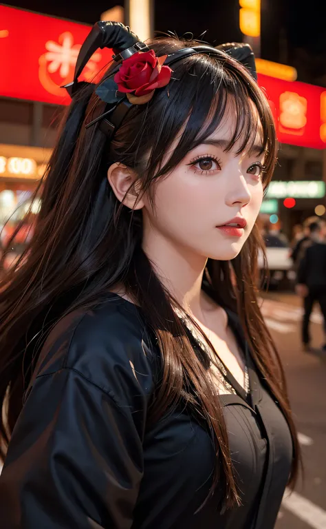 1girl, Tokyo street,night, cityscape,city lights, upper body,close-up, 8k, RAW photo, best quality, masterpiece,realistic, photo-realistic,headgear of red rose, parted bangs, long hair,