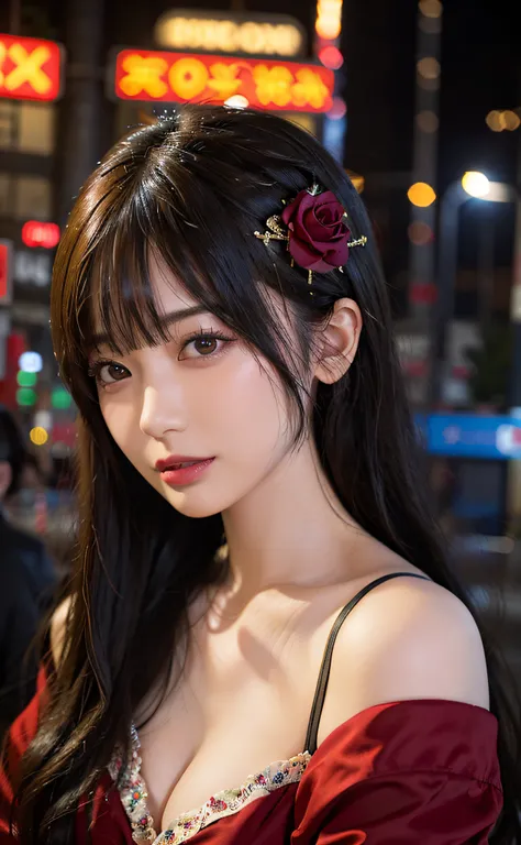 1girl, Tokyo street,night, cityscape,city lights, upper body,close-up, 8k, RAW photo, best quality, masterpiece,realistic, photo-realistic,headgear of red rose, parted bangs, long hair,