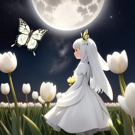 White tulips are blooming all over. A moonlit sky, a side view, a white swallowtail butterfly perched on a tulip.