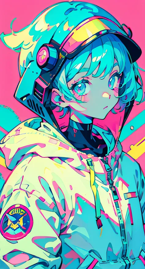 an anime girl, wear an astronaut suit., neon pink & blue, mark, stickers, neon style of all shots.