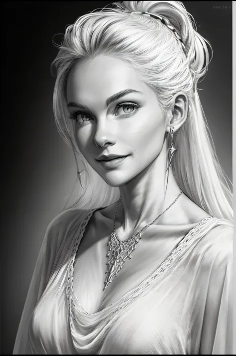 black and white style, highly detailed pencil sketch 1.4, ink sketch 1.4, high-detail lighting, subtle smiling, fair skin, isola...