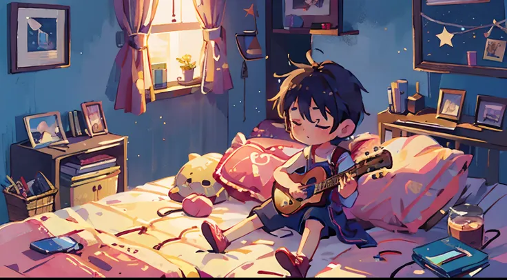 A boy playing guitar for a girl sleeping in a bed in a cozy room on a dark night with stars visible from the window