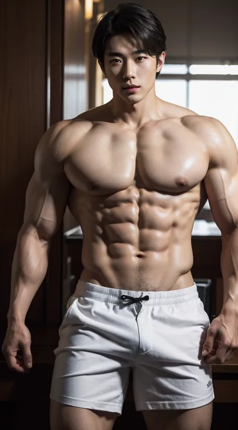 (highly realistic, high quality, masterpiece:1.2), solo performance, South Korean man, muscular bodybuilder, well-built muscles, natural gaze, short and refined hair, sexy man, naked with his back to everyone, prominent bulge, erect, legs apart, muscular p...