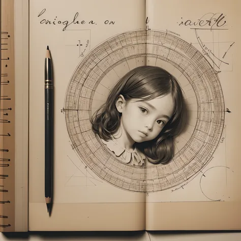 Little girl drawing on paper，a sketch，old parchment，a pencil sketch，Stereoscopic light and shadow，Exhaustive symbols，Mathematical formulas for annotations
(Detailed description and description, text, Exhaustive production drawings), documentation, Design p...