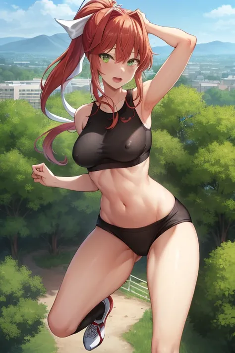 full body, full pose, 2d, ((reversed pose)) butt, firm ass,  masterpiece, best quality, anime, highly detailed, cowboy shot, 1girl, solo, monika, green eyes, very long hair, ponytail, ((white sport bra), ((red sport short)), ((short black socks)), slim bod...