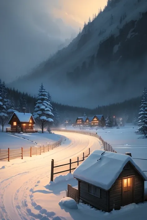 snowy night scene with a cabin and a fence in the foreground, Arte conceitual de inverno, background artwork, Anime background art, beautiful anime scenes, Anime landscape concept art, arte de fundo, heavy winter aesthetics, Snowy environment, anime backgr...