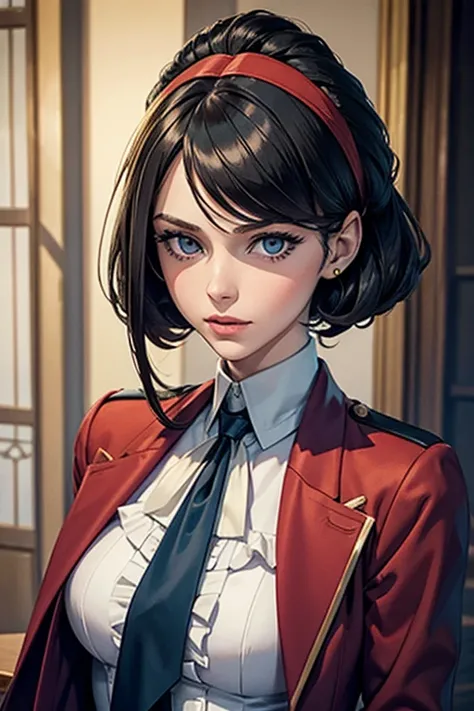 0ne girl in a justice court,  Lawyer, Franziska Von Karma, Vetements bouffants, vetements avec des volants, utilise un fouet (Best quality:1.1), (Masterpiece:1.4), 1fille, (cheveux volumineux)+ , cheveux courts, (Yeux verts) Petits seins,  (small lips ) + ...