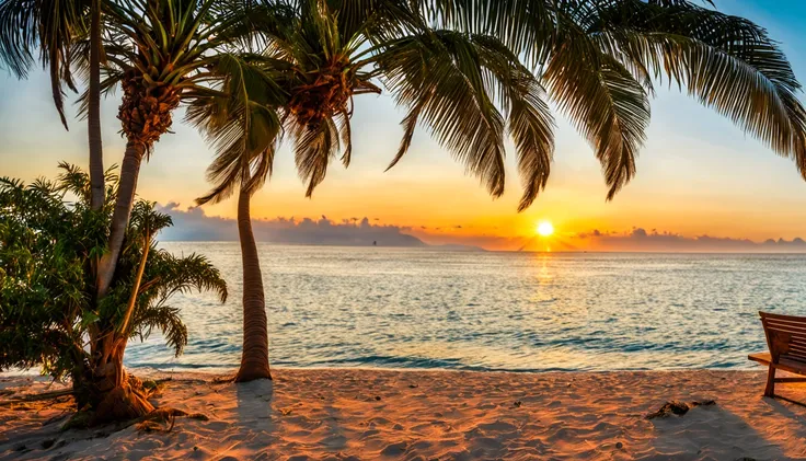 a bench under a palm tree, beach sunset background, tropical atmosphere, tropical background, palm trees on the beach, tropical beach paradise, which shows a beach at sunset, palm leaves on the beach, palm trees in the background, tropical beach, beach bac...