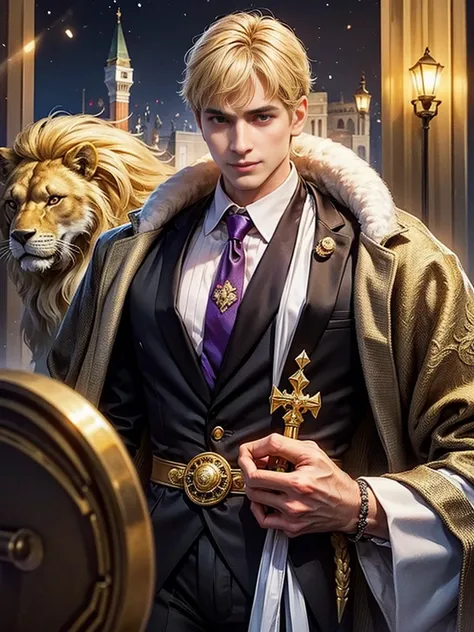 Roman Emperor Constantine the Great resurrected in modern times、Lion-like eyes、Bright and sharp eyes、Deep smile、Harboring dangerous ambitions、Wearing a luxury suit、neck tie、Bold composition、The majesty of a ruler、34 years old、mature、manly、Competent and har...