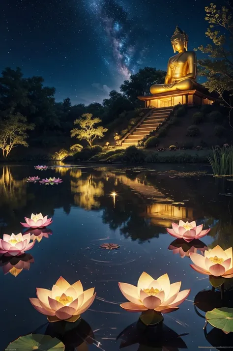 Under the blue night sky，There is a large fantastic lotus pond，The surface of the lake is sparkling，There are 73 pink lotus lanterns neatly arranged on the surface of the lake，Candles are lit in lotus flowers，Candlelight illuminates the night sky，Ray traci...