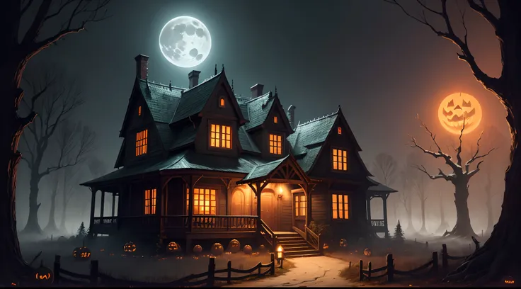 Wooden haunted house with pumpkins. full moon. Spooky old house in a spooky dark forest. A haunted house in the night forest. Moonlight. House of the Witch. mistic. halloween scene . Halloween concept