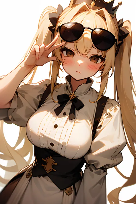 Thin blonde woman、wearing a crown、large twin tails、White and brown dress、、blushing、wears sunglasses