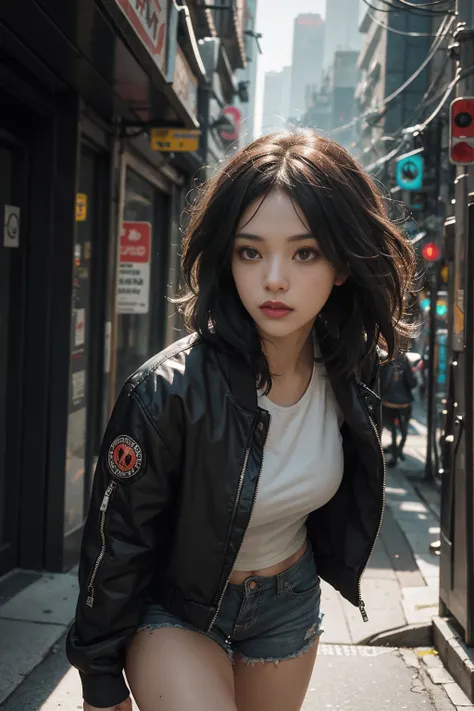 Beautiful photorealistic photograph of a beautiful girl wearing tech jacket and assorted cyberpunk clothing and paraphernalia, colorful cyberpunk hairstyle, dynamic pose, cyberpunk street background, perfect ratio proportions, abstract beauty, approaching ...