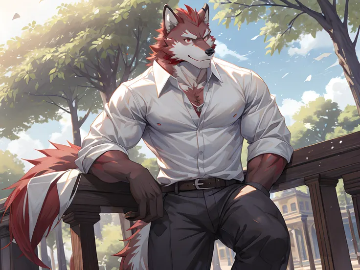 best quality, diederich, furry wolf, red fur, red eyes, medium muscular body, handsome, good looking, charming, casual shirt, co...