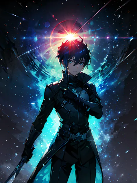 Kirito, anime style cool guy, sword art online, black slim armor, black trench coat, 1boy, looking at viewer, standing, thinking, smiling, upper body, ultra-detailed, Simple background, high quality, high resolution, masterpiece, best quality, (extremely d...