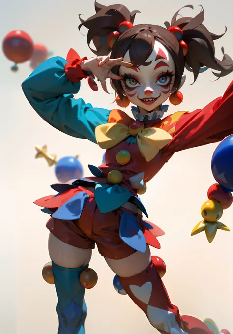 clown girl pomni, brown hair, red and blue eyes, red and blue outfit with round shoulders and thighs, and yellow balls in short, cartoon character of a clown and a red and blue outfit in short, circus red curtain background, cutecore clowncore, y 2 k cutec...