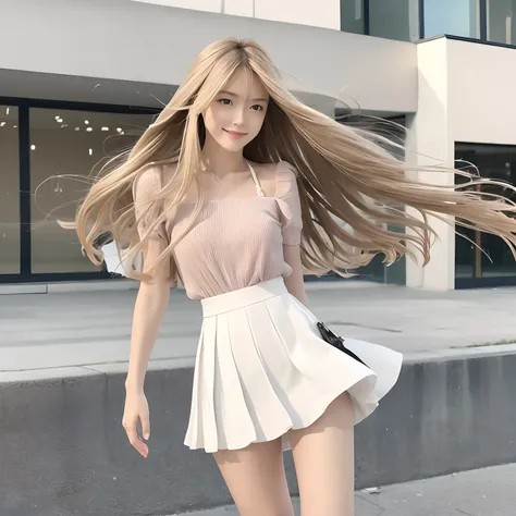 "(Best picture quality、A masterpice), white backgrounid, Ultra-thin paper，Sparkling, Beautiful and tasteful, The wind blew for a long time，ssmile, curly blond hair, Vivid and stunning，Scottish pleated skirt，Greater wind，The wind blows hair，Floating hair，St...