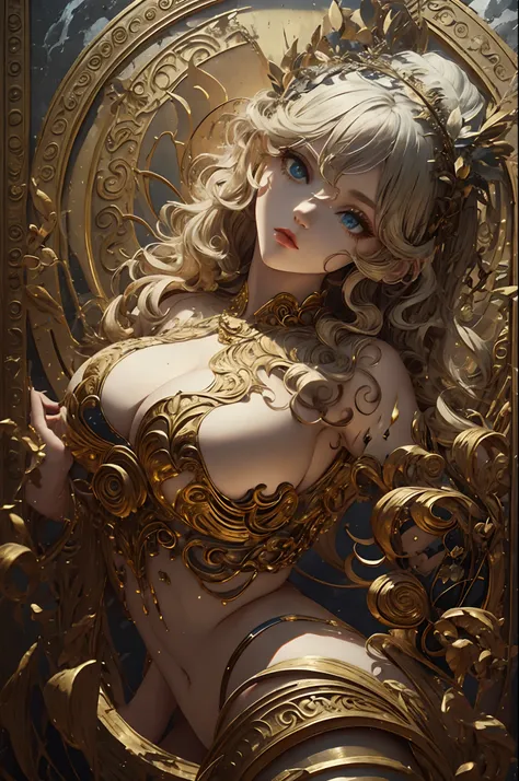 1girl huge large breasts,greek goddess，Vi delicate and beautiful face,Golden hair，Various hairstyles，Garland crown，voluptuous breasts，Convex buttocks，greek clothes，Tulle covers the breasts，Perfectly proportioned, Detailed clothing details,temple，marble，god...