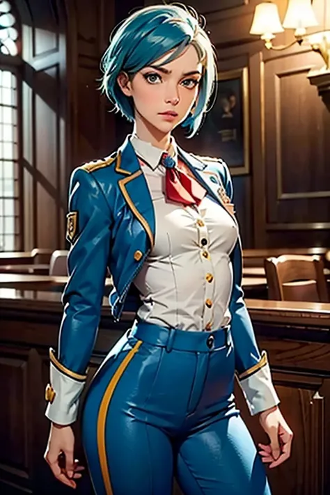 Franziska Von Karma ((Phoenix Wright : ace attorney)) in a justice Hall, Lawyer, 30 ans, Cyan Blue Hair, Puffy clothes, Clothing with ruffles, Wear a blue pant ,Use a Whip, Cyan blue clothes, , Regard strict, Stern look. (Best quality:1.1), (Masterpiece:1....