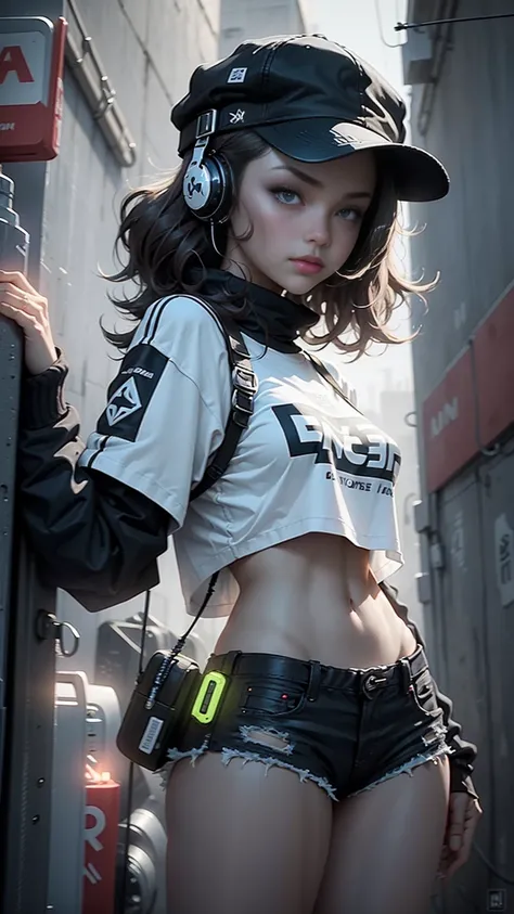 a beautiful woman with medium hair, wearing a cap that has the phrase "kenkaflix" and headphone,
- Shes wearing short, stylish cyberpunk-style outfits, with a shirt that has the phrase "Kenkaflix" written on it.
- The shirt is predominantly white, with bol...