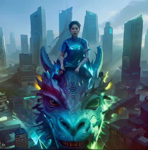 there is a woman sitting on a dragon statue in the middle of a future city, dragon in the background, dragon flying in the background, epic dragon, with robot dragon head, riding a dragon, by Ren Renfa, with a city in the background, inspired by Abidin Din...