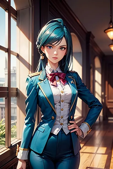 Franziska Von Karma ((Phoenix Wright : ace attorney)) in a justice Hall, Lawyer, 30 ans, Cyan Blue Hair, Puffy clothes, Clothing with ruffles, Wear a blue pant ,Use a Whip, Cyan blue clothes, , Regard strict, Stern look. (Best quality:1.1), (Masterpiece:1....