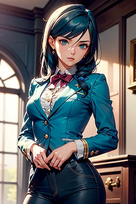 Franziska Von Karma ((Phoenix Wright : ace attorney)) in a justice Hall, Lawyer, 30 ans, Cyan Blue Hair, Puffy clothes, Clothing with ruffles, Wear a blue pant ,Use a Whip, Cyan blue clothes, , Regard strict, Stern look. (Best quality:1.1), (Masterpiece:1....