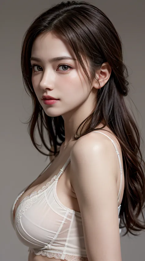 (best Quality:1.4), (hyper quality:1.2), Raw photo, (Realistic, Photorealsitic:1.37), Professional Photography, Cinematic Light, 1girl, solo, super fucking beautiful, extremely cute, Amazing face and eyes, ((sheer cute lace bra)), large breasts, (from side...