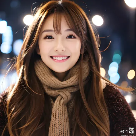 Beautuful Women　A smile　eyes large　Brown hair　straight haired　japanes　Winter Park　Winter clothes　Lit up