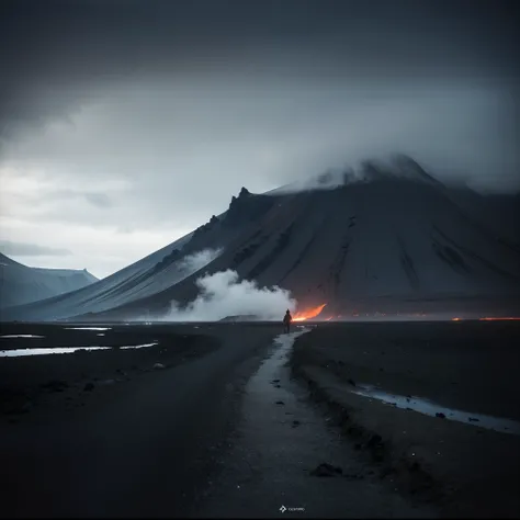 Someone walks on the beach close to the mountain, Beautiful dark landscape, sci-fi of iceland landscape, stunning moody cinematography, iceland, iceland photography, iceland landscape photography, Beautiful dark eerie scenery, Volcanic fog, max rive, drama...