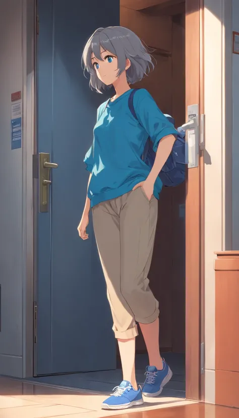 Gray hair, cross-headed woman, mother, wearing blue clothes, light brown pants, sneakers, full body side, is opening the door