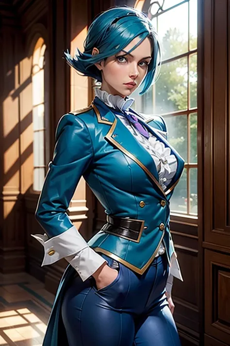 Franziska Von Karma ((Phoenix Wright : ace attorney)) in a justice Hall, Lawyer, 30 ans, Cyan Blue Hair, Puffy clothes, Clothing with ruffles, Wear a blue pant ,Use a Whip, Cyan blue clothes, , Regard strict, Stern look. (Best quality:1.1), (Masterpiece:1....