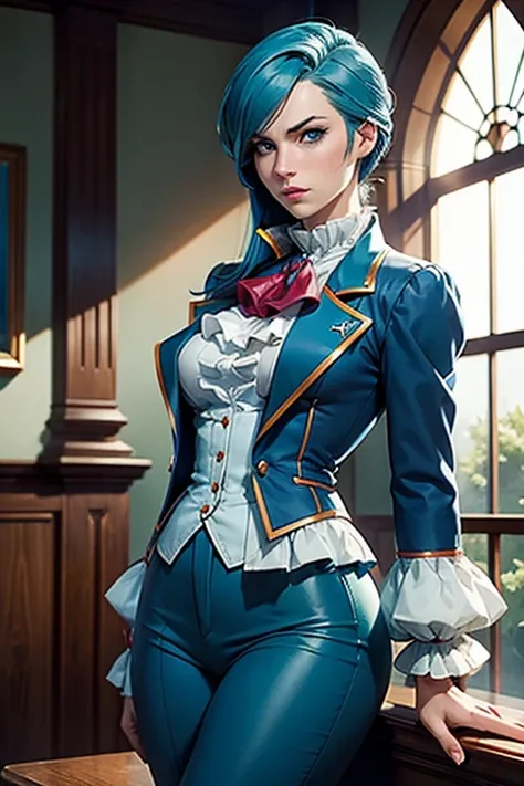 Franziska Von Karma ((Phoenix Wright : ace attorney)) in a justice Hall, Lawyer, 30 ans, Cyan Blue Hair, Puffy clothes, Clothing with ruffles, Wear a blue pant ,Use a Whip, Cyan blue clothes, , Regard strict, Stern look. (Best quality:1.1), (Masterpiece:1....