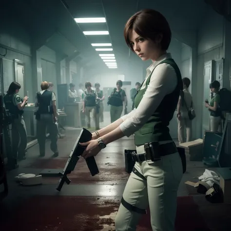 Rebecca Chambers, beautiful face, bob hair, perfect Face, wearing green vest with white pants,  nail polish, Look straight, glare