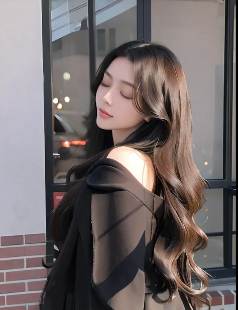 There was a woman standing outside the building with her eyes closed, With long hair, Asian girl with long hair, wavy long black hair, long wavy dark hair, Long wavy black hair, wavy and long hair, with long dark hair, long hair girl, Long hairstyle, appea...