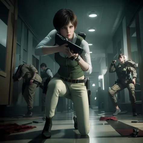 Rebecca Chambers, beautiful face, bob hair, perfect Face, wearing green vest with white pants,  nail polish, Look straight, glare