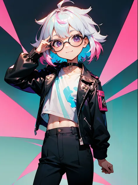 (Male child, eye glasses,A smile, silber hair)、独奏、jaket、Black jacket、Iridescent background、a choker、razor、Leather jacket、O cabelo multicolorido、cowboy  shot、Color Inner Hair、bangss、White shirt、Fluffy clothes、Two-tone、Viewers Perspective、is standing、a close...