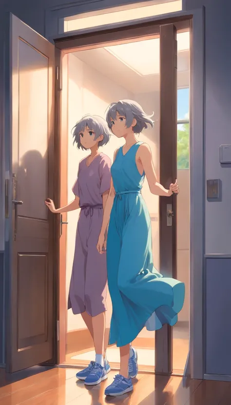 Gray-haired woman with cross-headed mom in blue dress light brown pants sneakers full body is opening the door