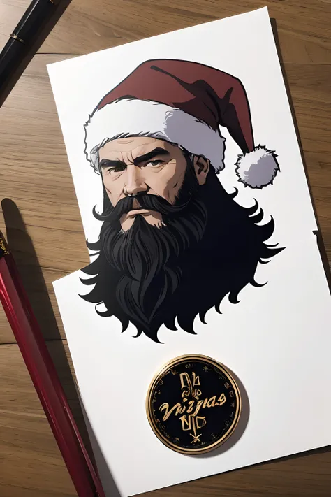 (highres:1.2),realistic,santa claus,body,shirtless,buff,axe,Binance logo