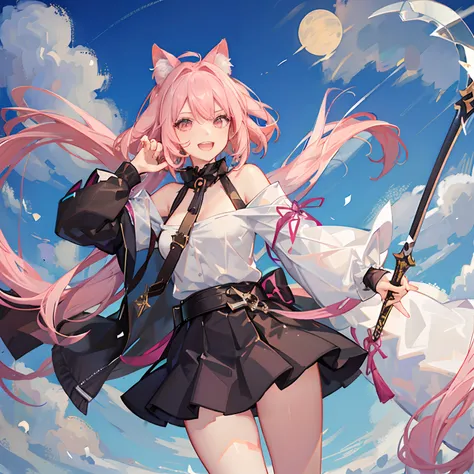 "anime girl, 1 person, pink hair, pink cat ears, pink eyes, t-shirt, white t-shirt, black womens open-shoulder jacket, black miniskirt, big breasts, has twin takana swords on her back, takana swords,  There are ice crystals flying around behind, blushing, ...