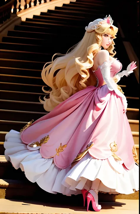 PrincessPeach、bionde、Curled Long Hair、Lots of hair、、robe blanche、Americana、high-heels、diadems、A queen、Descending the Grand Staircase、Long gloves