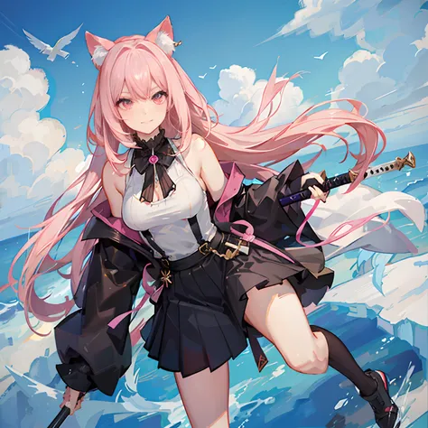 "anime girl, 1 person, pink hair, pink cat ears, pink eyes, t-shirt, white t-shirt, black womens open-shoulder jacket, black miniskirt, big breasts, has twin takana swords on her back, takana swords,  There are ice crystals flying around behind, blushing, ...