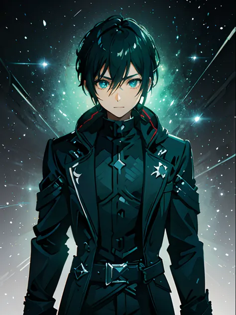 Kirito, anime style cool guy, sword art online, black slim armor, black trench coat, 1boy, looking at viewer, standing, thinking, smiling, upper body, ultra-detailed, Simple background, high quality, high resolution, masterpiece, best quality, (extremely d...