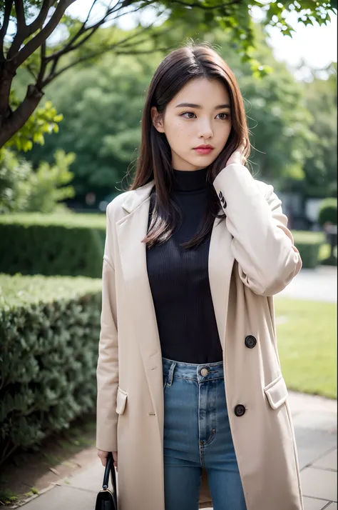 a woman standing outdoors with her hand resting on her head. She appears to be in her mid-twenties and has long hair that falls over her shoulders. The woman is wearing a red coat and has vibrant red lipstick on, adding a pop of color to the otherwise neut...