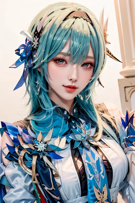 Beauty of a goddess, slim face, beautiful wan, 1girl, solo, (masterpiece:1.2), best quality, eula, genshin, high detailed, 8K resolution, looking at viewers, eula from genshin impact, outdoor, hairband, blue hair, necktie, cape, ((vision (genshin impact) )...