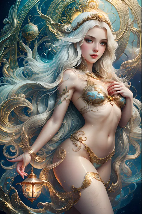 Faith by Tom Bagshaw Art Station,, goddess of the moon, Full-length figure, Contemptuous gaze, Detailed face, (Naked: 1.4), (See-through lingerie: 1.3), Gold decoration, Plain black background,Close up portrait of beautiful caucasian girl, Dynamic moving b...